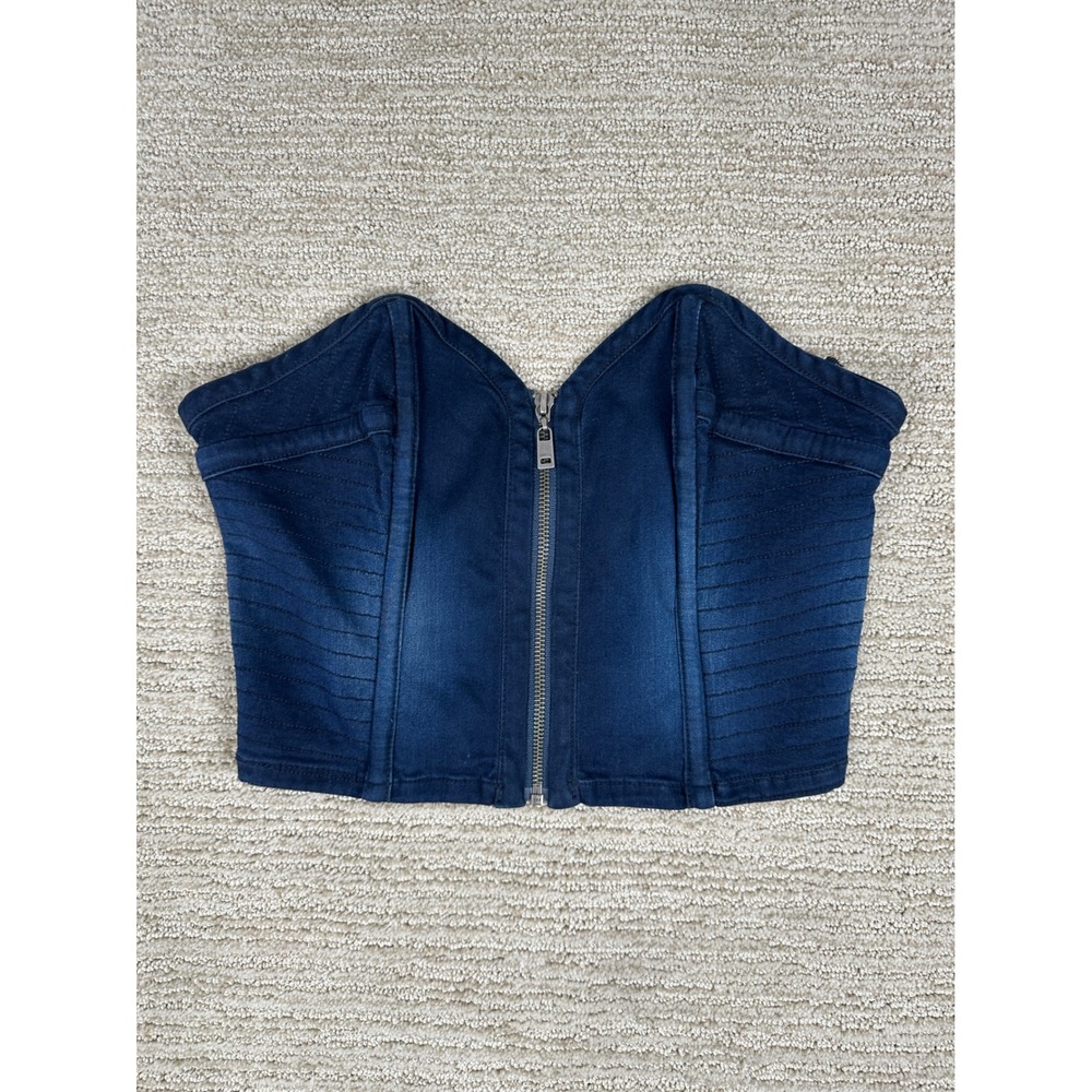 Guess Los Angeles Denim Bustier Crop Top Dark‎ Wash Zip Front Corset L